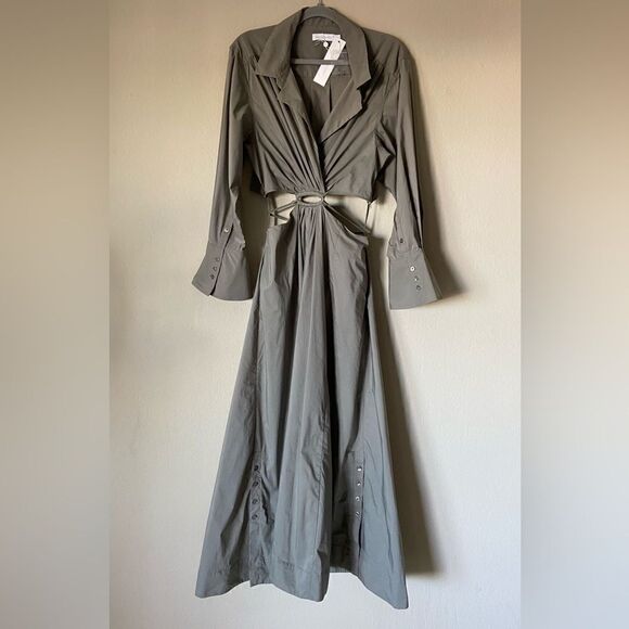 NWT Jonathan Simkhai Alex Midi Green Shirt Dress Poplin Cut Out Size XL - Picture 10 of 15